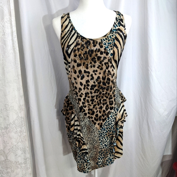 Eien Dresses & Skirts - ☀Eien EUC animal print sleeveless dress 3X teal tan leopard zebra cheetah sequin